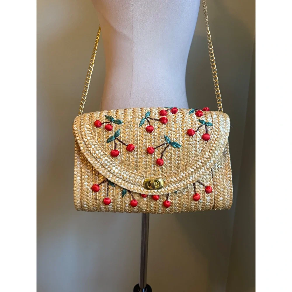 Straw Cherry Embroidered Crossbody Bag Gold Tan Red whimsi dainty cottage resort